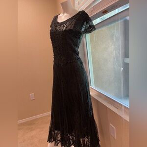 VTG  Y2K JASMINE BY KVM  Black Lace sheer Gothic Maxi Dress Beaded Trim Flapper